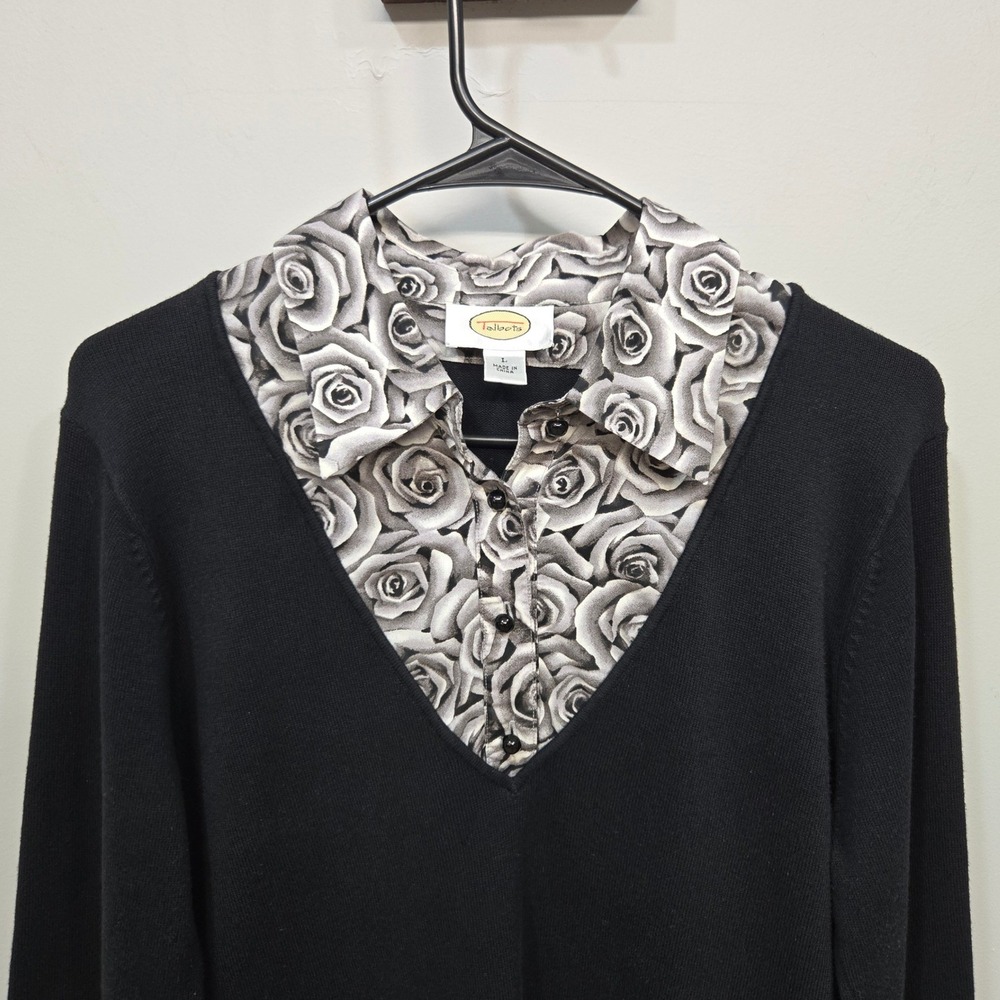 Talbots Layered Sweater Large Vintage Y2K Black Rose Floral V Neck Dark Romantic - Picture 3 of 8